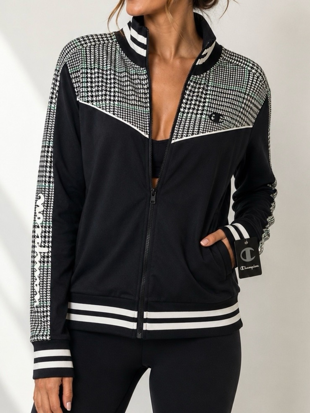 Champion Womens Small Houndstooth Plaid Track Jacket Black White Green Zip